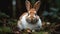 A brown and white bunny sitting in a patch of grass created with Generative AI
