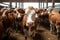 Brown and white cows stand inside a farm in the sun