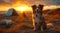 a brown and white dog is sitting in a field at sunset