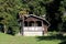 Brown and white small wooden cabin with front porch on stone foundation surrounded with palm tree uncut grass and dense trees