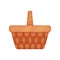 Brown wicker basket for picnic or harvesting. Container made from interwoven strips of cane. Flat vector icon