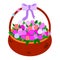 Brown Wicker basket with tulips of pink shades. Vector illustration colorful object for baby educational cards. With a purple bow