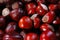 Brown wild chestnuts. Chestnut closeup pattern texture as background. Macro photo