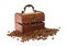 Brown wooden chest, coffee grains
