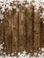 Brown Wooden christmas background with blurred white snowflakes, vector illustration