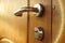 Brown wooden door with chrome handle and keyhole, beautiful sunrays