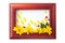 Brown wooden photo frame with colorful hearts and flowers with petals like rain drops on a white background isolated