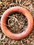 Brown wooden ring with dry grass in background