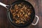 Browned Wild Mushrooms in a Non-stick Saute Pan Viewed from Above