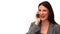 Brownhaired woman laughing on the phone
