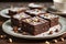 Brownies on a plate with hazelnuts and almonds