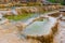 Brownish travertine formations at thermal springs in Karahyit, Turkey