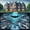 Bruce Wayne manor and below an x-ray vision of the Batman Batcave.