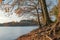 Brucher Talsperre a lake on a sunny day with colorful autumn colors of the trees and blue sky