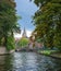 Bruges, Belgium - August 10, 2017:Swans in lake of love in Bruges, channel panoramic view near Begijnhof