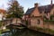 Bruges, Belgium iconic medieval houses, towers and Bonifacius Bridge. Classic postcard view of the historic city center. Often ref