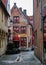 Bruges, Belgium - June 5, 2020, Beautiful historical facades and old brick buildings in the tourist center of the city, small hous