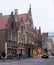 Bruges, Belgium - June 5, 2020, Beautiful historical facades and old brick buildings in the tourist center of the city, small hous