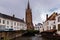 Bruges, Flanders, Belgium, Europe - October 1, 2019. Saint Salvator Cathedral made of old bricks on ancient medieval street in