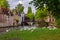 Bruges, Flanders, Belgium, Europe - October 1, 2019. White swans and ducks on the lake of love in Bruges Brugge in autumn.