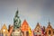 Bruges market square with flemish architecture and statue, Belgium