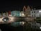 Bruges at night. Medieval city, reflexion on water