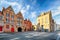 Bruges - View on Jan Van Eyck Square and church in Brugge, Belg