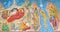 BRUGGE, BELGIUM: Fresco of the Nativity scene and Baptism of Christ scene in st. Constanstine and Helena