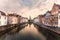 Brugge cityscape. Bruges skyline. Historic street and water channel