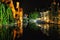 Brugge night view with a canal and old building, Belgium