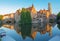 Brugge - View from the Rozenhoedkaai in Brugge with the Perez de Malvenda house and Belfort van Brugge in the background