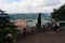 BRUNATE, ITALY - MAY 2016:Tourists on observation deck overwatch Como Lake