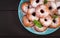 Brunch or lunch. Homemade donuts sprinkled with powdered sugar