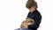Brunet boy is holding and carefully examines three colored rabbit at white background. Slow motion. Close up