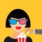 Brunet girl at the Cinema theatre in 3D glasses Hand steal popcorn. Black dress Flat dsign style icon.