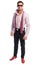 Brunet male model with purple shirt and two open neckties
