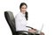 Brunette business woman typing sit laptop