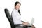 Brunette business woman typing sit laptop