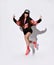 Brunette in a cap and a long bomber jacket, sneakers and long socks jumps, has fun, shows her tongue on a light wall with a shadow
