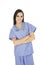 Brunette Caucasian woman doctor or nurse wearing blue scrubs