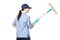 Brunette girl in a baseball cap and cleaning lady uniform washing a window