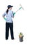 Brunette girl in a baseball cap and cleaning lady uniform washing a window with a special mop and holds in herhand a bucket of wet