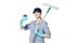 Brunette girl in a baseball cap and cleaning lady uniform washing a window with a special mop Isolated