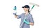 Brunette girl in a baseball cap and cleaning lady uniform washing a window with a special mop Isolated on a white background