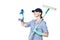 Brunette girl in a baseball cap and cleaning lady uniform washing a window with a special mop and smiles