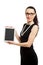 Brunette girl in black dress holding ipad