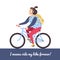 Brunette girl on the blue bike. Vector illustration and background.