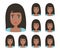 Brunette girl with happy, angry, unhappy, laughing, scared, wow, fun emotions. Vector Illustration