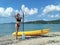 Brunette girl kayaking through lover`s key kayak trail