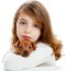 Brunette girl with puppy dog mini pinscher